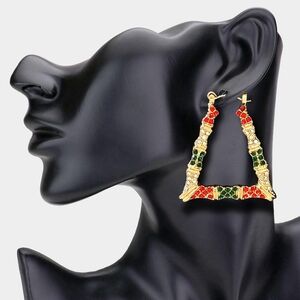 Gold Tone Bamboo Triangle Earrings Red Green Rhinestone Statement Jewelry